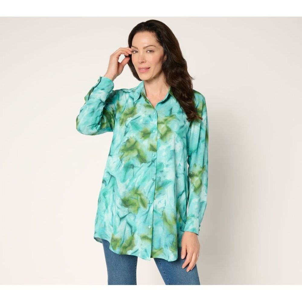 Susan Graver Women's Top Plus Sz 1X Printed Textured Woven Multi-colored A700433